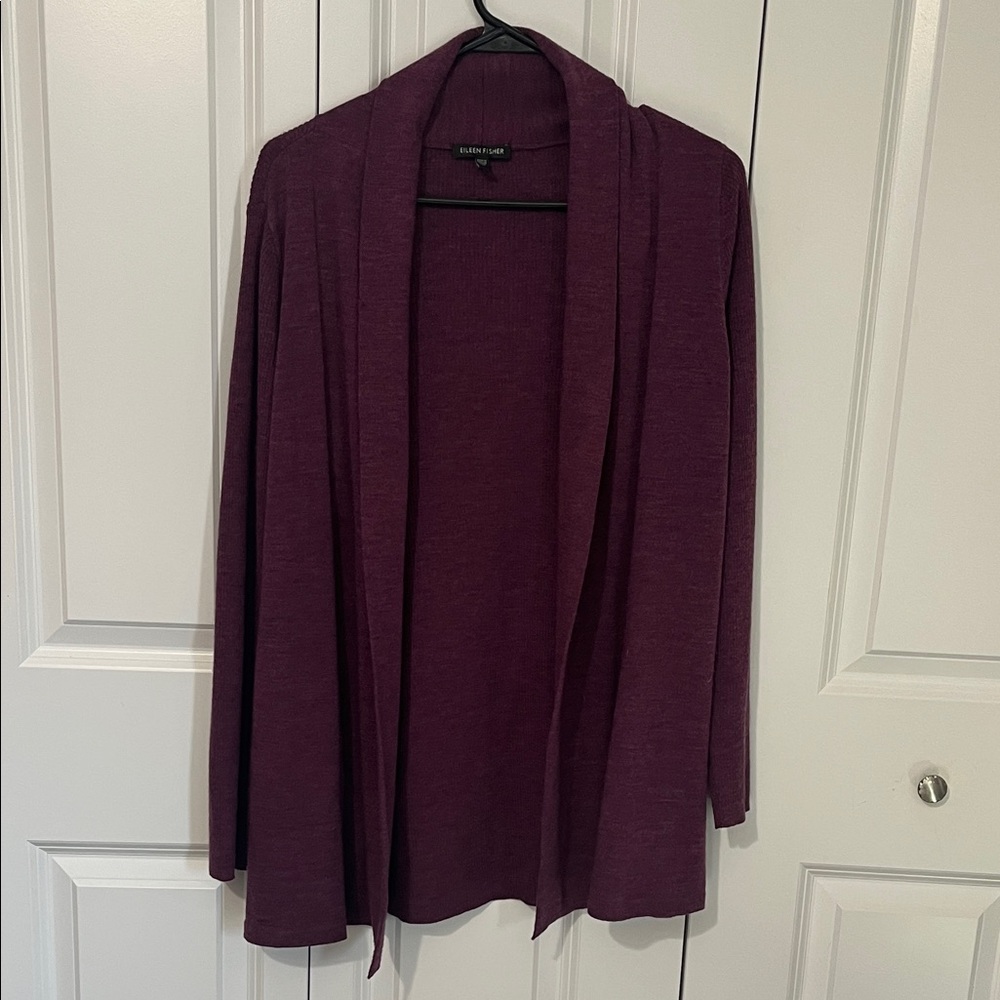 Eileen Fisher Merino Wool Open Front Ribbed Cardigan, Plum Size Medium